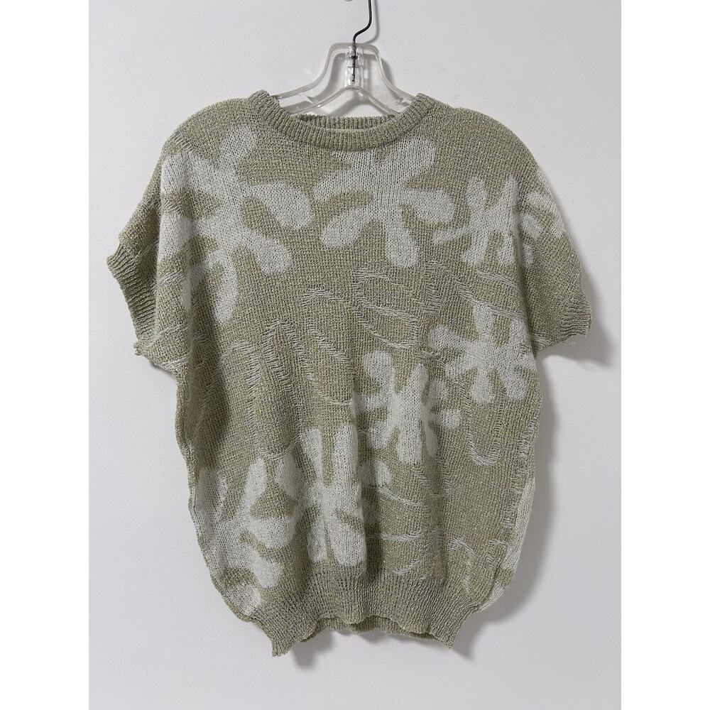 Vintage Granny Grandma Sweater Cap Sleeve Floral‎ Artsy Size Small Tan White Tee